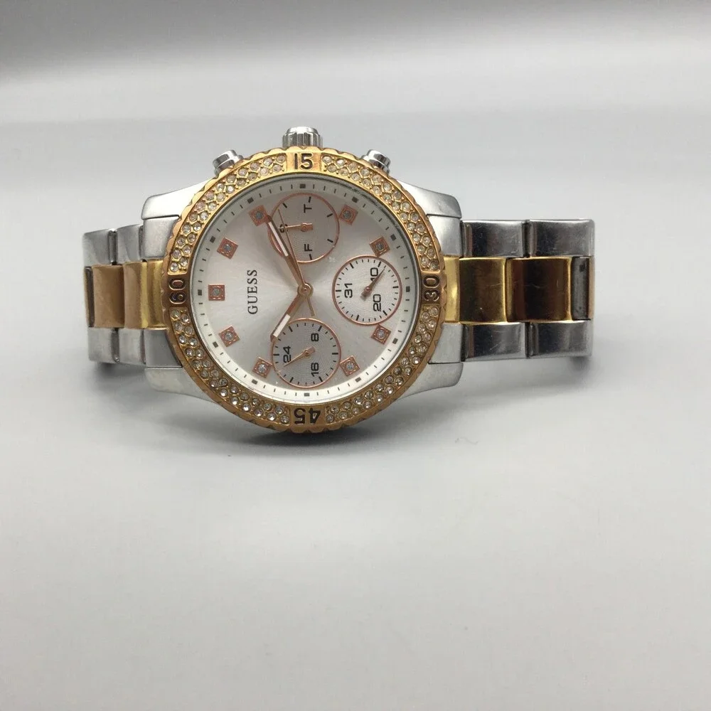 Guess Womens Watch 38mm Rose Gold Two Tone Crystal Bezel New Battery 6.5